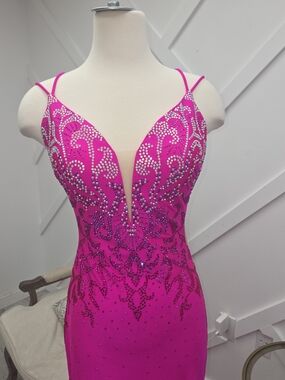 Fuchsia Crystal-Embellished Spaghetti-Strap Prom Gown